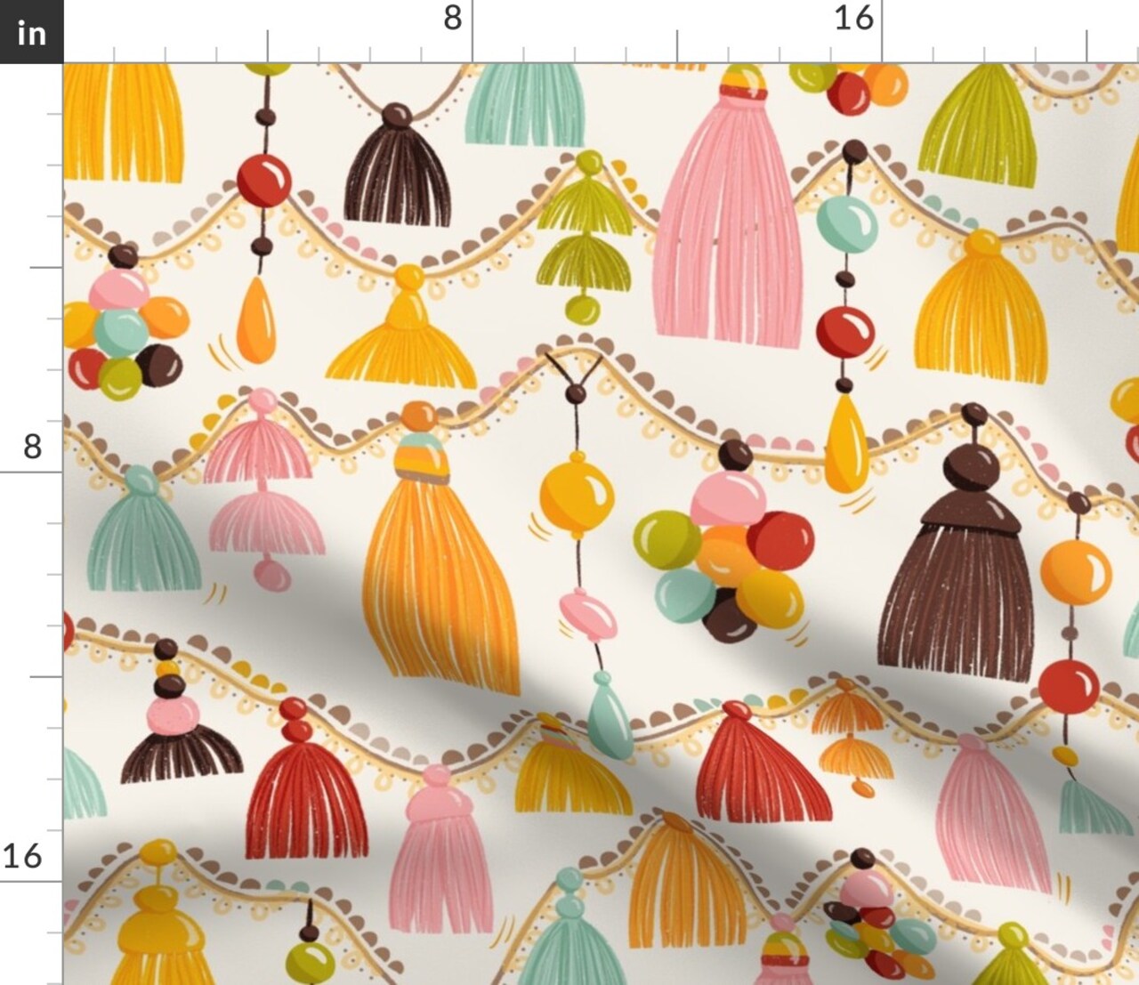 Colorful Tassel Mustard Gold Pastel Pink Graphic Ornament Braid Fringe Custom Printed Fabric by Spoonflower Various Fabrics by the Yard or Fat Quarter